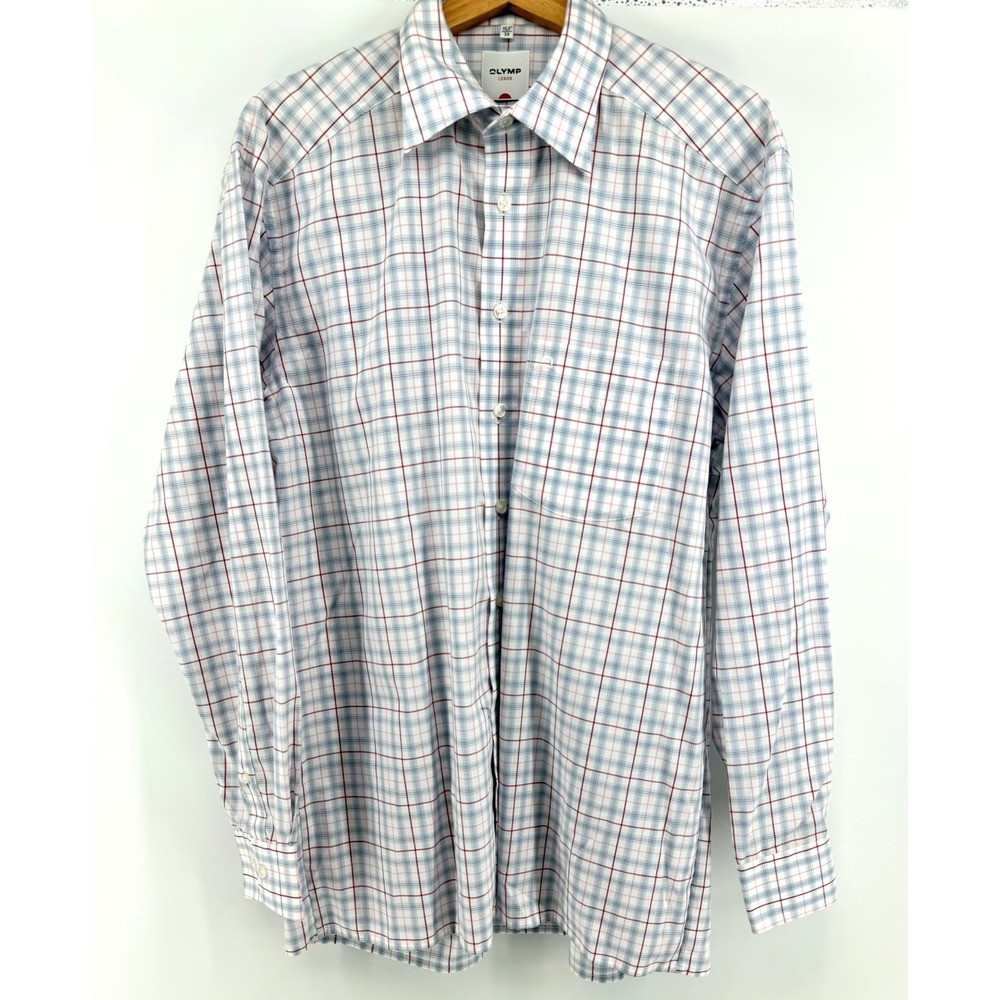 Olymp Luxor Mens Plaid Button Down Shirt Blue Red White 100% Cotton 15.5 39
